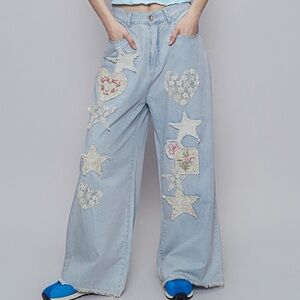 159 🇺🇸POL denim floral patch pants